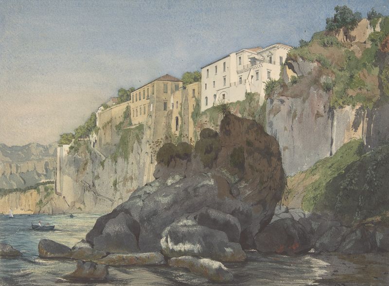 Casas em Sorrento de Thomas Hartley Cromek, pintura a óleo que retrata casas coloridas sob um céu sombrio.