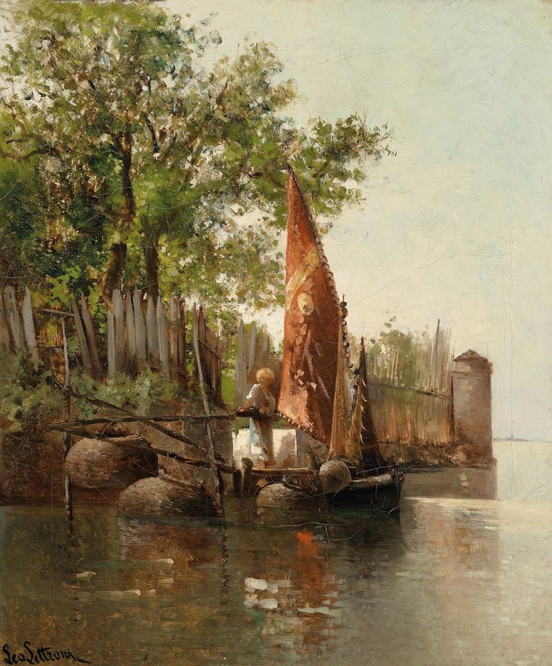 Lagoon scene with water reflections, oil on canvas by Leontine von Littrow