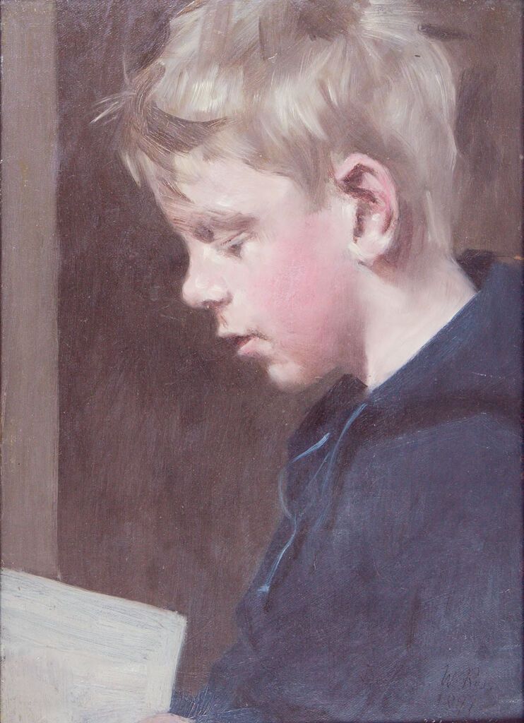 Retrato de perfil de um jovem segurando um livro, óleo sobre tela de Denman Waldo Ross