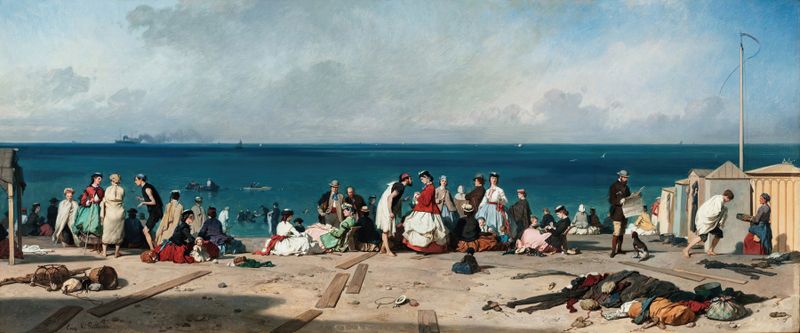 Pintura al óleo de Eugene Le Poittevin que muestra una costa con olas y reflejos