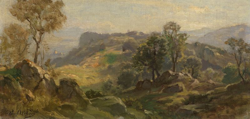 Landscape featuring lush greenery and a winding road by Paul Weber, oil painting