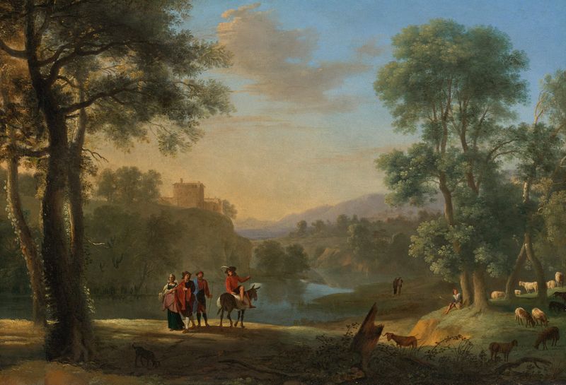 Classical Landscape by Herman van Swanevelt, oil painting depicting serene hills and clouds.