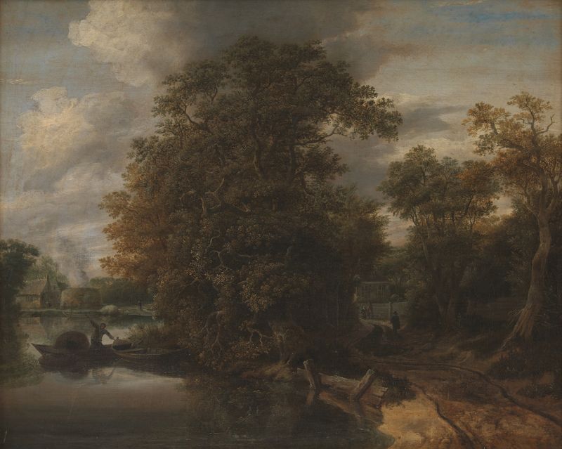 Landscape by Cornelis Gerritsz Decker, oil on canvas depicting a river and limekiln