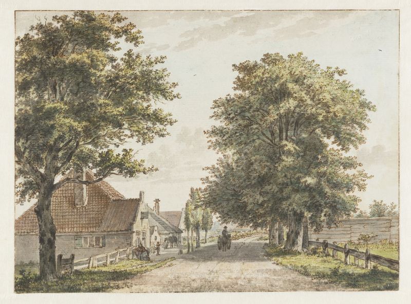 Landscape oil painting by Wybrand Hendriks depicting thatched-roof houses and a winding path