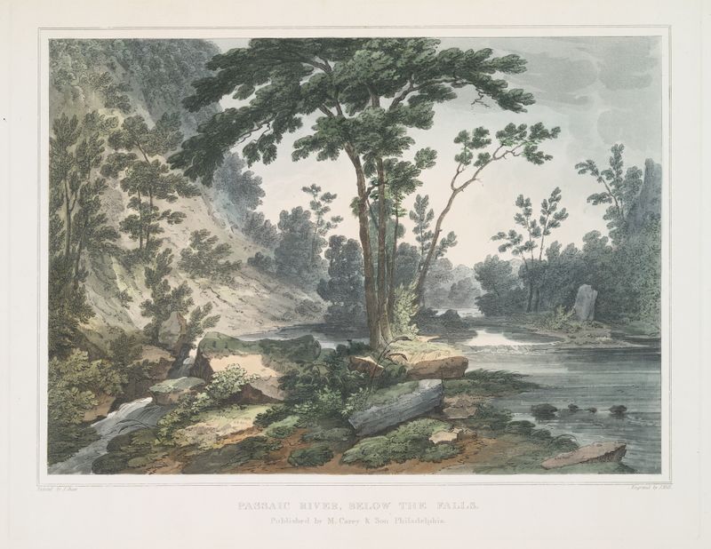Passaic River, below the falls by Joshua Shaw, oil painting depicting rushing waters and lush greenery.