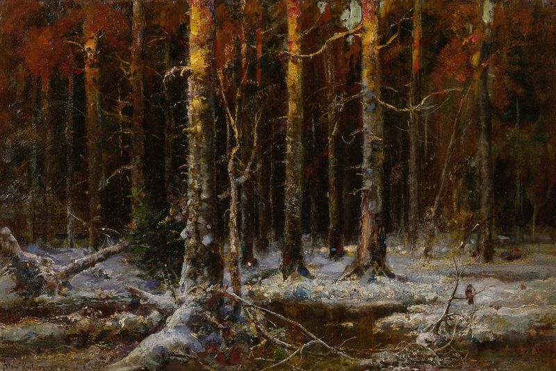 Forest in Winter de Julius Sergius Klever, óleo sobre tela, retratando árvores cobertas de neve e luz suave.