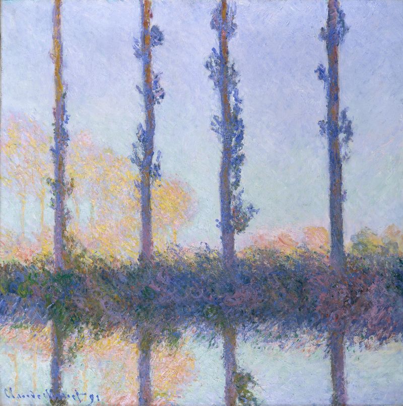 As Quatro Árvores de Claude Monet, pintura a óleo que retrata árvores contra um céu radiante.