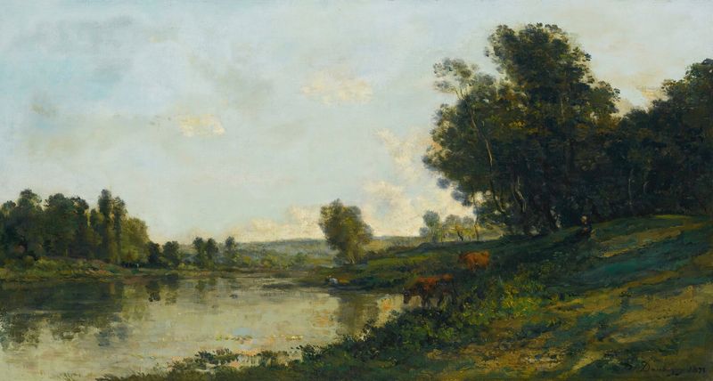 Bord De L’oise by Charles François Daubigny, oil on canvas depicting a serene riverbank with lush greenery.
