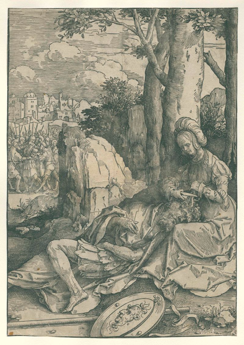 Simson en Delila, papel de Lucas van Leyden, mostra Sansão e Dalila em um momento de traição.