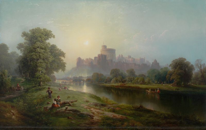 View of Windsor Castle by Edward Moran, oil painting depicting a serene landscape with golden light