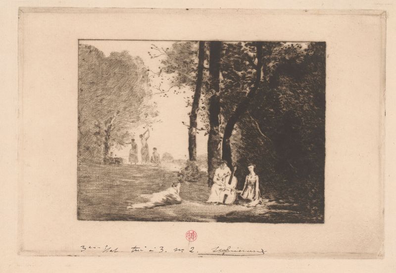 Music-making women under a tree, etching by Henri-Charles Guérard