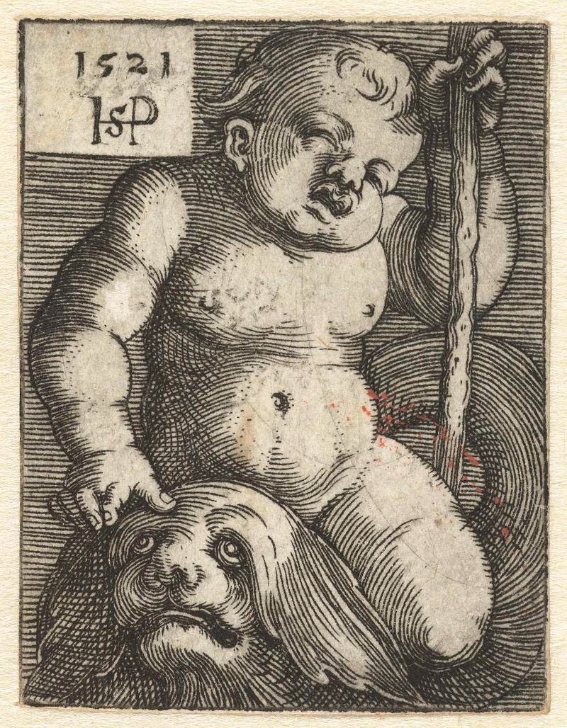 Grabado de Hans Sebald Beham que representa un putto montando un delfín