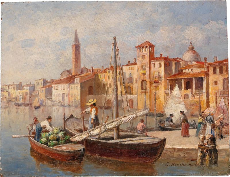 Marine scene with boats and reflections, oil painting by Ernst Stache