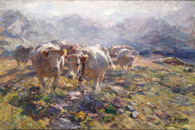 Pintura al óleo de Heinrich Von Zügel que muestra un paisaje brumoso con luz solar en las tierras altas.