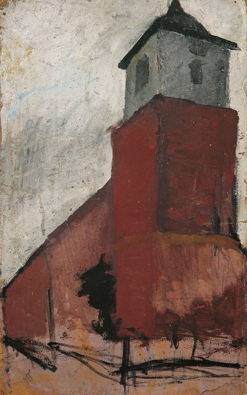 Church in Worpswede by Paula Modersohn-Becker, oil on canvas depicting a rural landscape with a church.