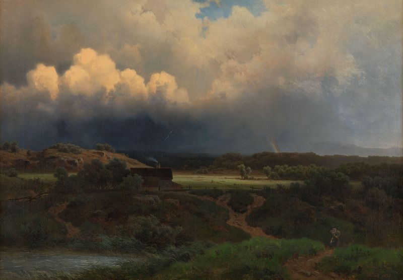 Paisagem com céu tempestuoso de Joachim Frich, pintura a óleo que retrata nuvens turbulentas e um horizonte dramático.