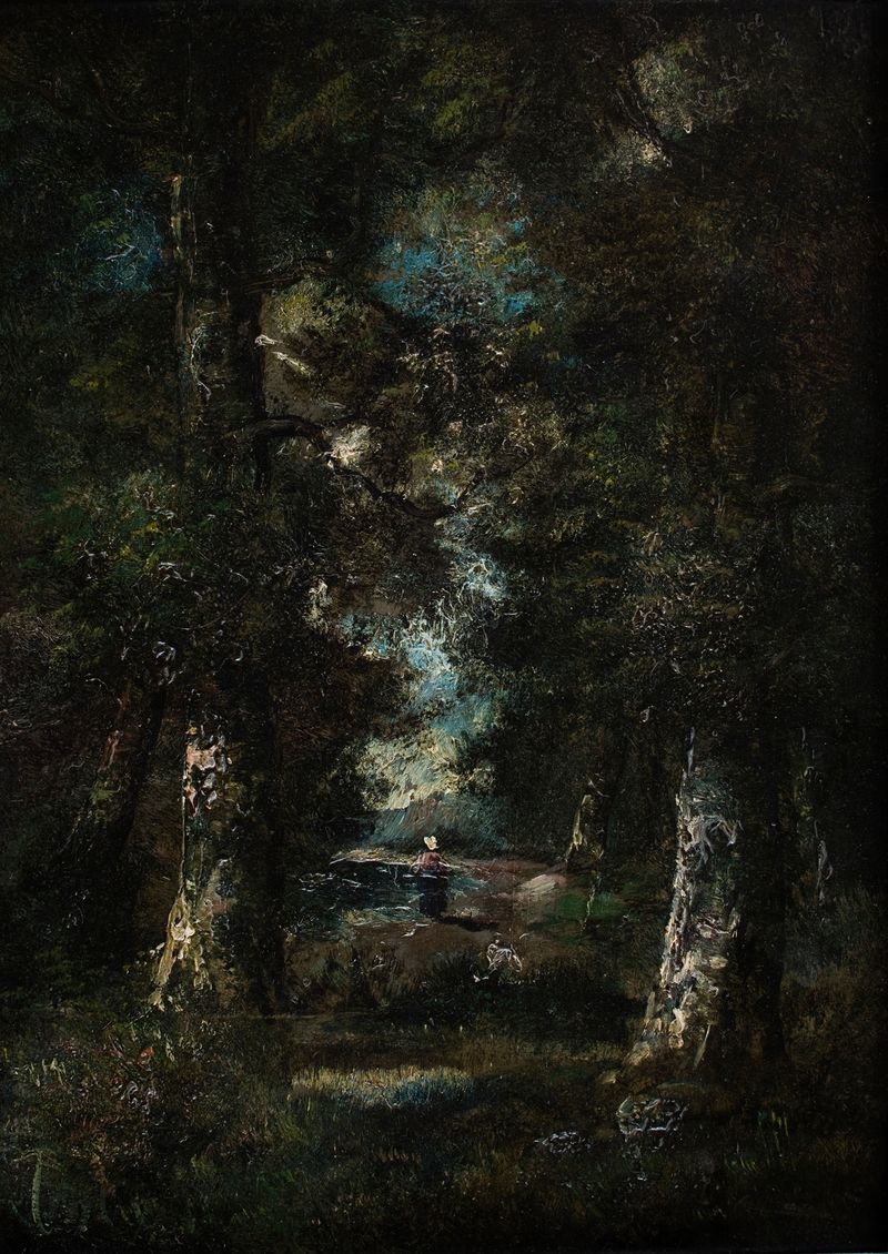 Landscape by Narcisse-Virgile Diaz de La Peña, oil painting depicting a forest path with sunlight.
