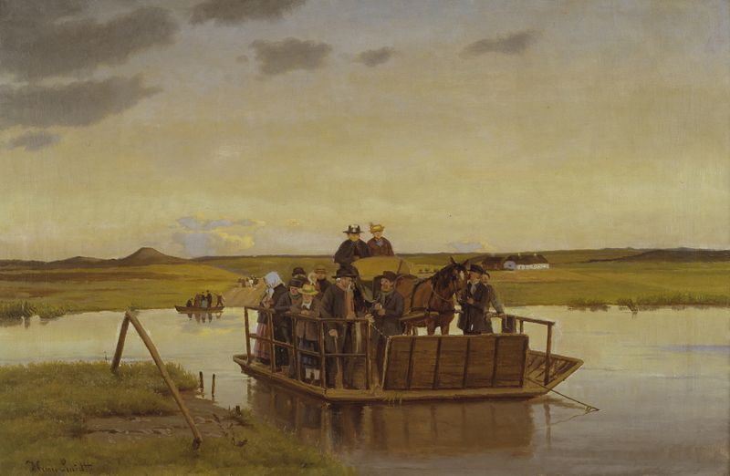En færge over Gudenåen by Hans Smidth, oil on canvas, depicts a ferry on a tranquil river at sunset.