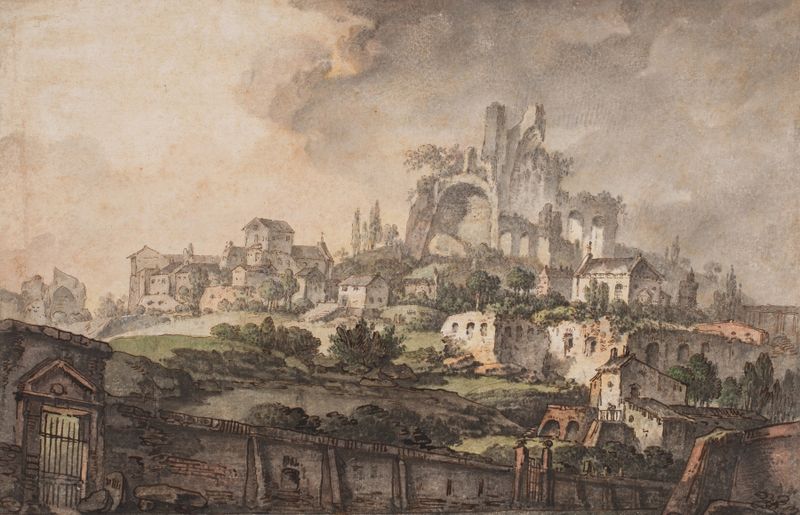 Romersk prospekt med mur i forgrunden by Jens Petersen Lund, oil painting depicting a landscape with a church and ruins.