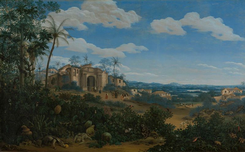 Pintura a óleo de Frans Jansz Post retratando Olinda, Brasil com animais