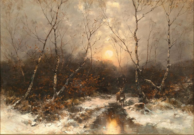 A deer in a forest illuminated by moonlight, oil painting by Désiré Thomassin.