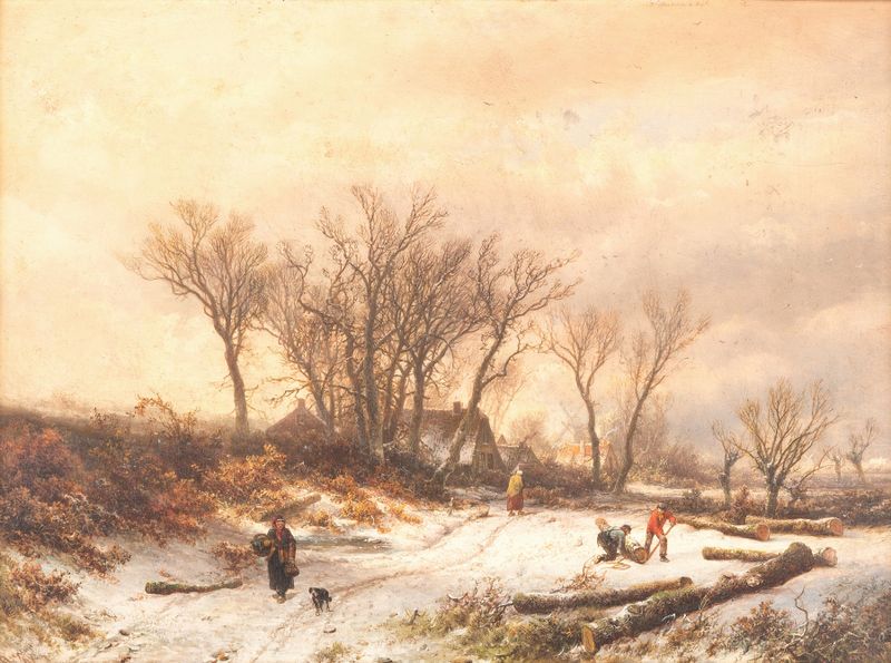Winter landscape by Pieter Lodewijk Francisco Kluyver, realism, depicting a snowy scene.
