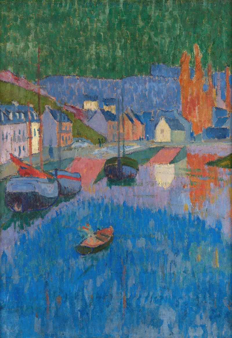 Seaport de Armand Seguin, pintura a óleo que retrata mastros contra um céu crepuscular