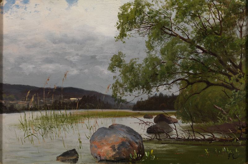 Shore landscape de Fanny Churberg, óleo sobre lienzo que representa una tranquila costa y aguas serenas.