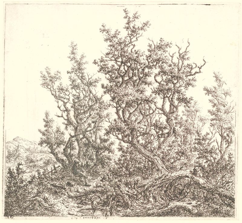 Landschap met een groep eiken en een rustende man, etching by Claes van Beresteyn