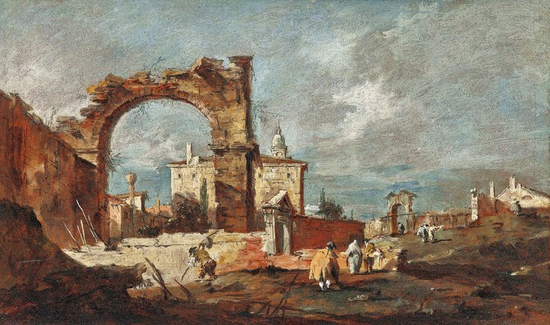 Capriccio with a ruinous arch and a villa by Francesco Guardi, oil on canvas