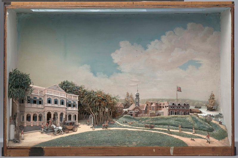 Diorama de la Plaza del Gobierno en Paramaribo de Gerrit Schouten, que muestra a una mujer con un niño.