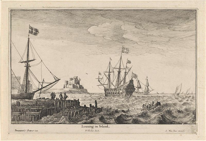 Grabado de Wenceslaus Hollar que muestra barcos cerca de la costa de Irlanda con cielos tormentosos.