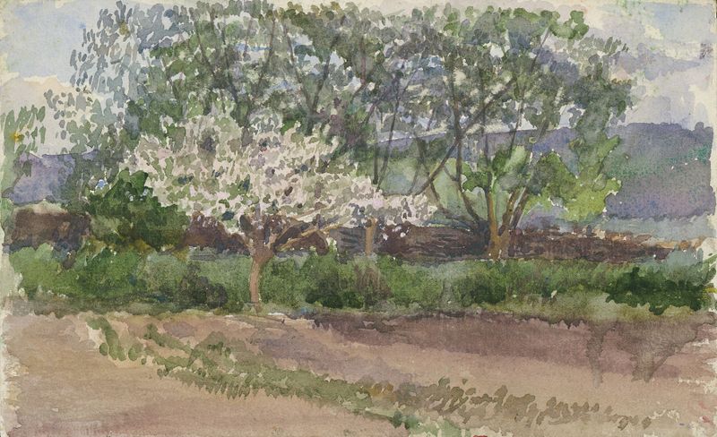 Blooming Tree de Ladislav Mednyánszky, retratando uma árvore com flores rosas e luz suave, impressionismo