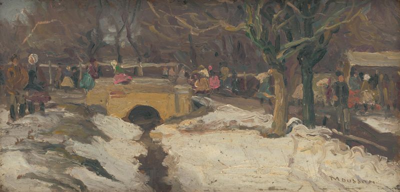 Market by Jozef Teodor Mousson, oil on canvas depicting a lively marketplace with figures and warm light.