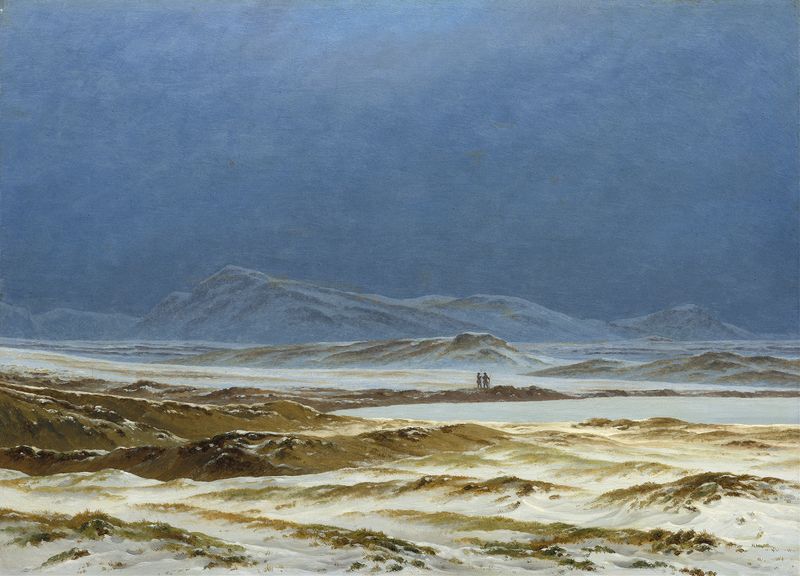 Northern Landscape, Spring de Caspar David Friedrich, óleo sobre lienzo que representa montañas y luz dorada.
