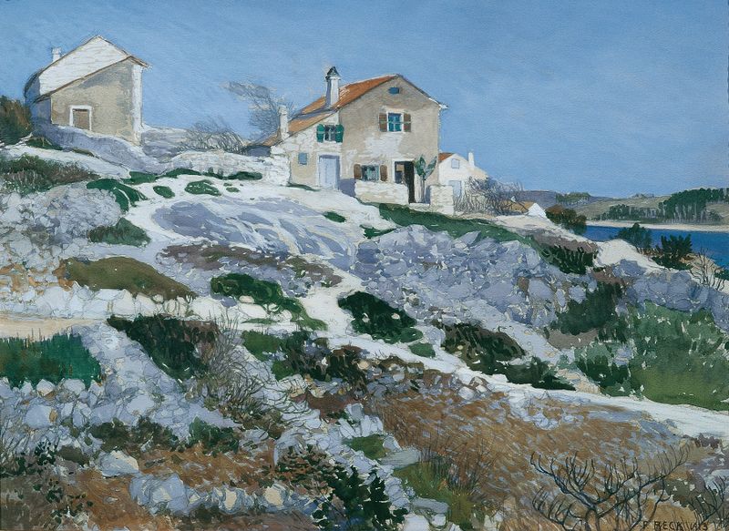 Marine scene depicting fishermen's houses by Friedrich Beck, oil painting
