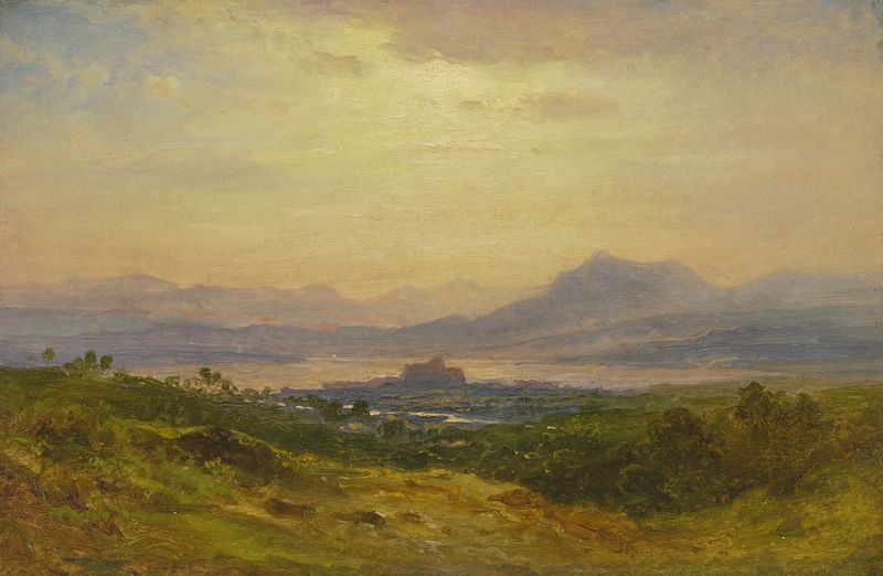 Lago Maggiore de Carl Morgenstern, pintura al óleo que representa un lago tranquilo con montañas y un cielo suave.