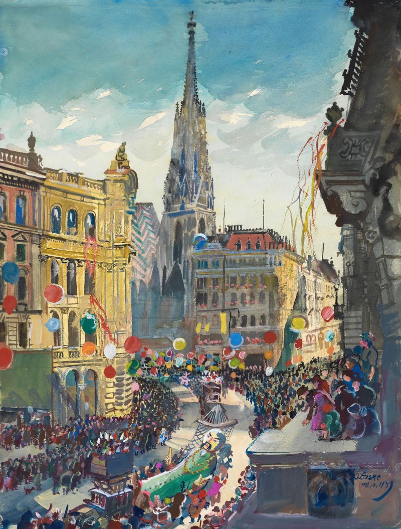 Faschingszug in Wien am 18. Februar 1939 de Oskar Laske, óleo sobre lienzo que muestra una celebración colorida.