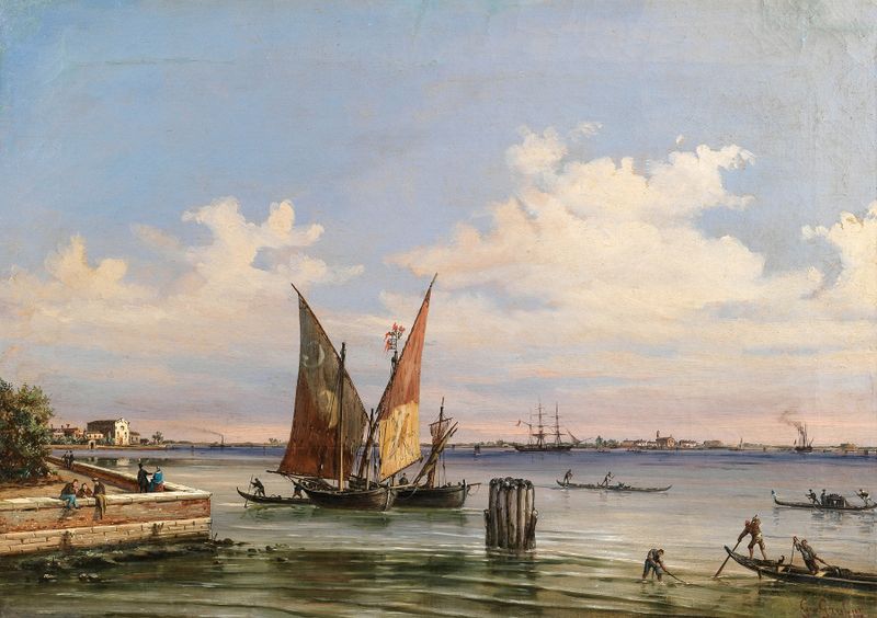 A lagoon scene with Sant´Elena Island and the Lido, oil on canvas by Giovanni Grubacs.