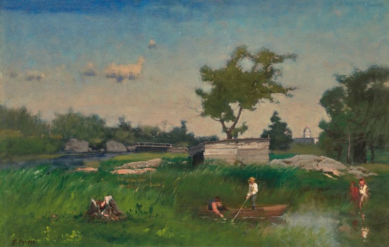 Alexandria Bay de George Inness, óleo sobre tela retratando árvores e águas tranquilas