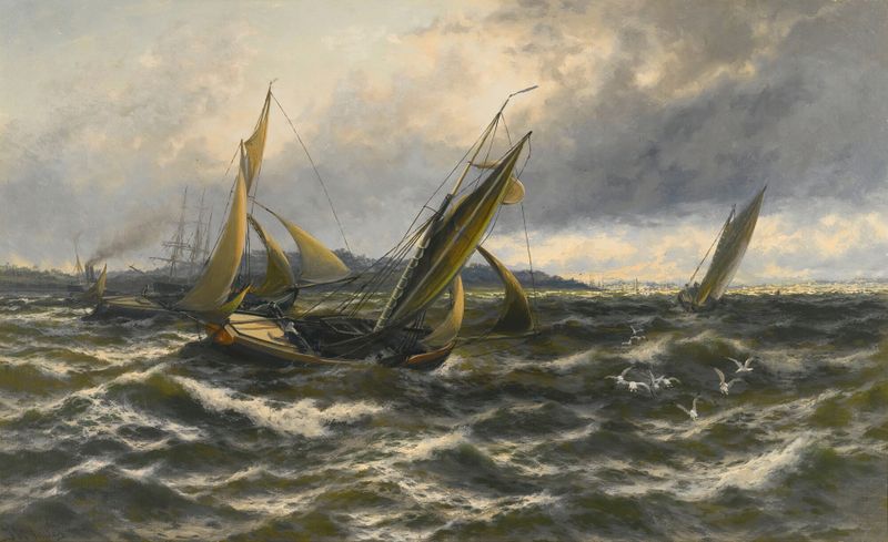 Marine scene with turbulent waves and stormy skies by Thomas Rose Miles