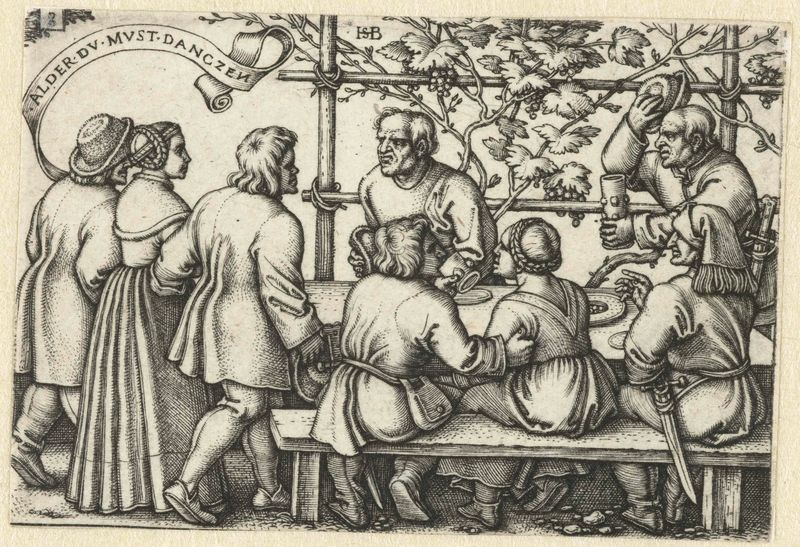 Grabado de Hans Sebald Beham que muestra a campesinos reunidos alrededor de un banquete.