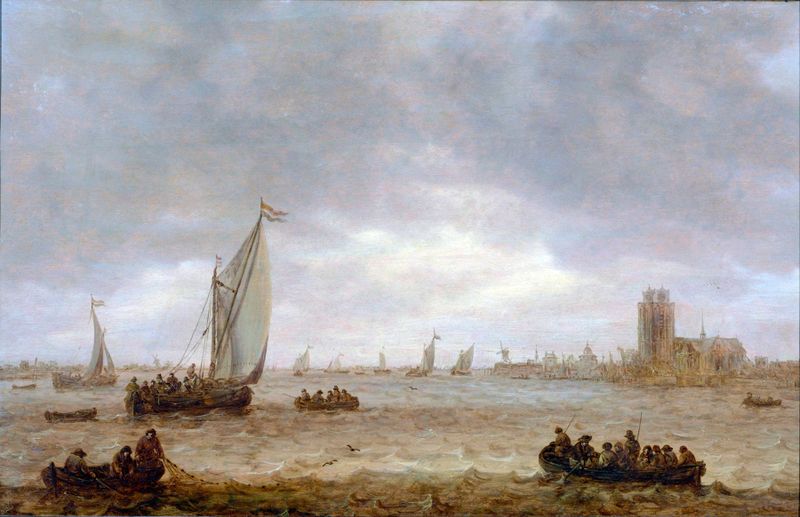 Mouth of the Meuse by Jan van Goyen, oil painting depicting a serene river landscape.