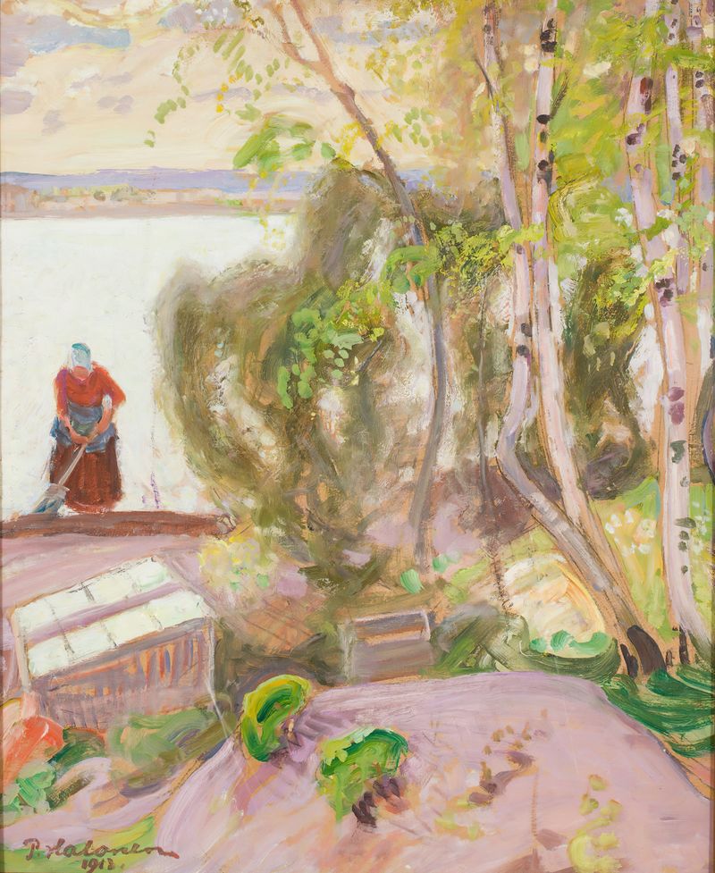 Oil painting by Pekka Halonen of a woman examining flowers in a garden