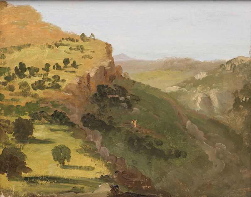 Italian Landscape de Thomas Cole, pintura a óleo que retrata um rio e colinas iluminadas pela luz do sol.