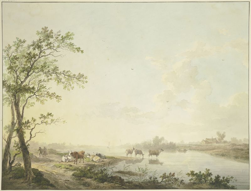 Nebliger Morgen an einem Flusse, oil painting by Abraham Teerlink, featuring cows by a foggy river.