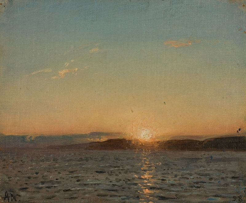 Aftensol, Hvaler de Amaldus Nielsen, óleo sobre lienzo que representa un atardecer sobre aguas tranquilas.