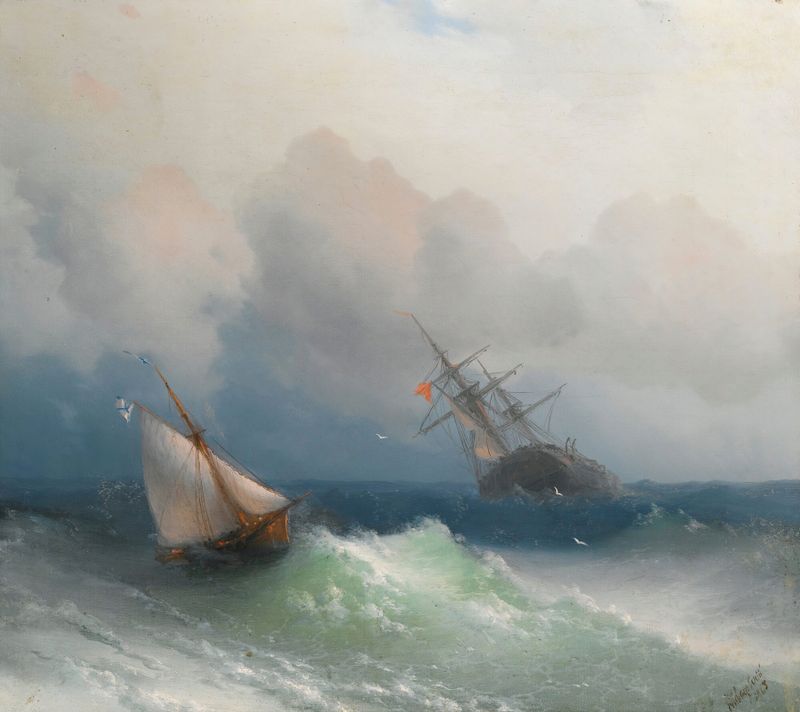 Two ships at sea during a storm, oil on canvas by Ivan Konstantinovich Aivazovsky