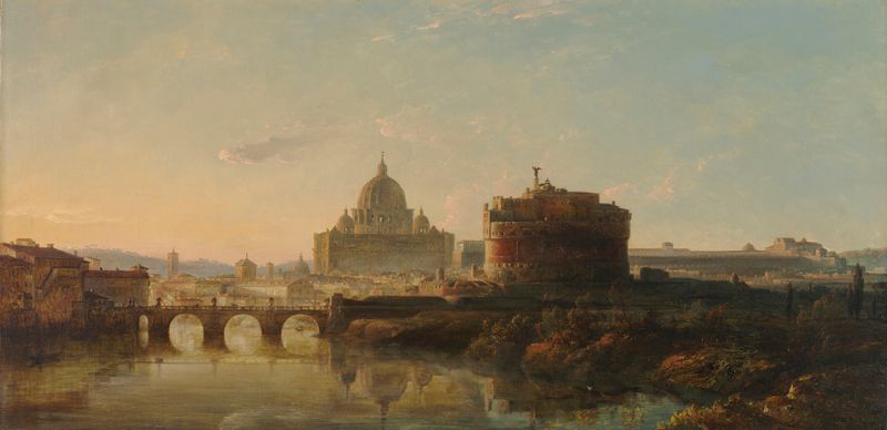 Paisaje que muestra el atardecer sobre Roma con cipreses, pintura al óleo de Edward William Cooke