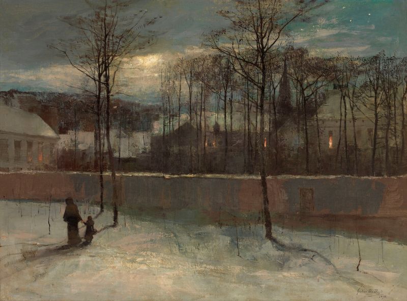 Evening de Gustave Den Duyts, óleo sobre tela que retrata uma paisagem ao crepúsculo.